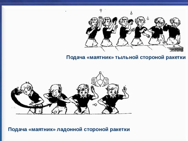 .                                                                     Подача «маятник» тыльной стороной ракетки  Подача «маятник» ладонной стороной ракетки  