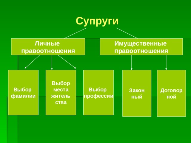 Супруги Личные Имущественные правоотношения правоотношения Выбор Выбор Закон Договор Выбор фамилии места профессии ный ной житель ства 