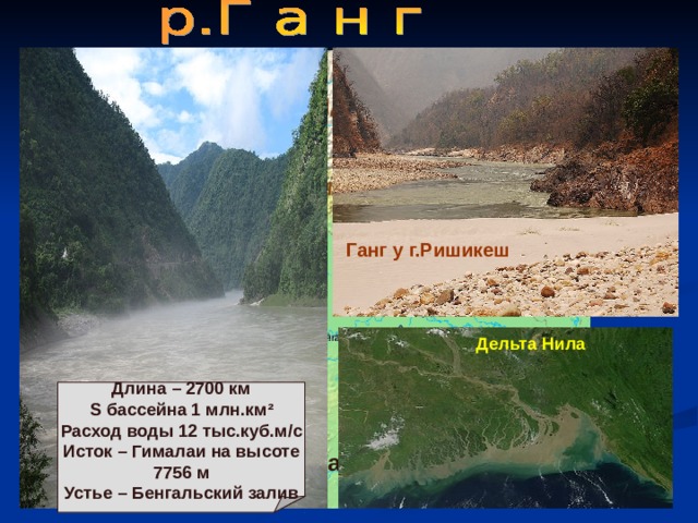 Ганг у г.Ришикеш Дельта Нила Длина – 2700 км S бассейна 1 млн.км ² Расход воды 12 тыс.куб.м / с Исток – Гималаи на высоте 7756 м Устье – Бенгальский залив Бассейн Ганга 