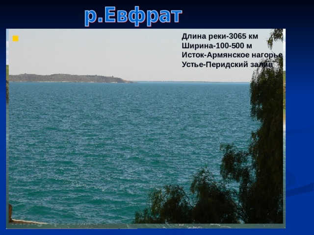 Длина реки-3065 км Ширина-100-500 м Исток-Армянское нагорье Устье-Перидский залив Верховье Евфрата 