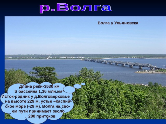 Волга у Ульяновска  Длина реки-3530 км  S бассейна 1,36 млн.км ² Исток-родник у д.Волговерховье  на высоте 229 м, устье –Каспий-  ское море (-29 м). Волга на сво-  ем пути принимает около  200 притоков Исток Волги 