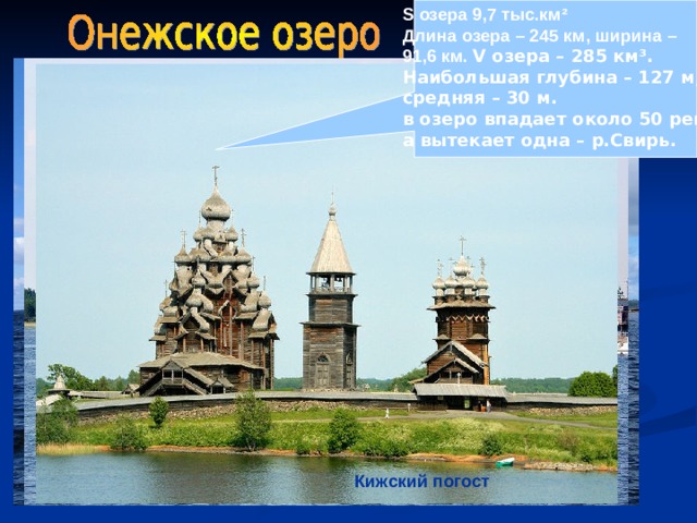 S озера 9,7 тыс.км ² Длина озера – 245 км, ширина – 91,6 км. V озера – 285 км ³ . Наибольшая глубина – 127 м, средняя – 30 м. в озеро впадает около 50 рек, а вытекает одна – р.Свирь. Беломорско-Балтийская  водная система Онежское озеро Остров Сосновец Теплоходы на пристани Кижи Кижский погост 