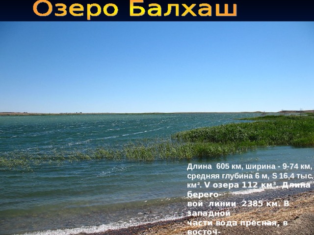  о.Балхаш Длина 605 км, ширина - 9-74 км, средняя глубина 6 м, S 16,4 тыс. км ² . V озера 112 км ³ . Длина берего- вой линии 2385 км. В западной части вода пресная, в восточ- ной – соленая. 