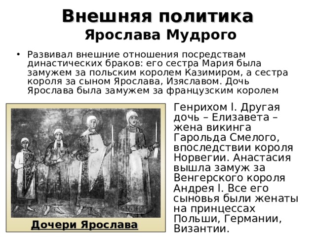 Внешняя политика   Ярослава Мудрого Развивал внешние отношения посредствам династических браков: его сестра Мария была замужем за польским королем Казимиром, а сестра короля за сыном Ярослава, Изяславом. Дочь Ярослава была замужем за французским королем Генрихом l . Другая дочь – Елизавета – жена викинга Гарольда Смелого, впоследствии короля Норвегии. Анастасия вышла замуж за Венгерского короля Андрея l . Все его сыновья были женаты на принцессах Польши, Германии, Византии. Дочери Ярослава 
