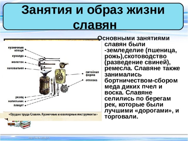 Занятия и образ жизни  славян Основными занятиями славян были -земледелие (пшеница, рожь),скотоводство (разведение свиней), ремесла. Славяне также занимались бортничеством-сбором меда диких пчел и воска. Славяне селились по берегам рек, которые были лучшими «дорогами», и торговали.  