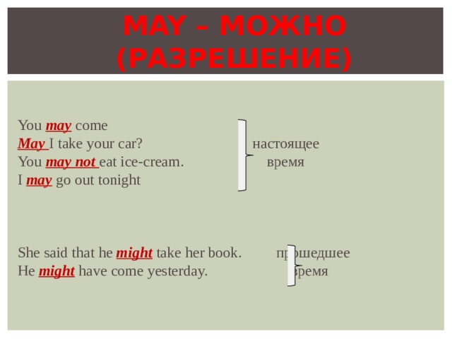 MAY – МОЖНО (РАЗРЕШЕНИЕ) You may come May I take your car? настоящее You may not eat ice-cream. время I may go out tonight She said that he might take her book.  прошедшее He might have come yesterday. время 