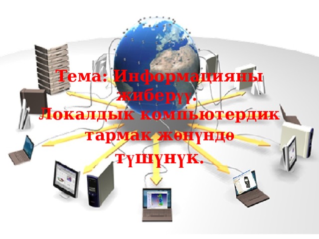 Тема: Информацияны жибер үү .  Локалдык компьютердик тармак ж ө н ү нд ө  т ү ш ү н ү к .  
