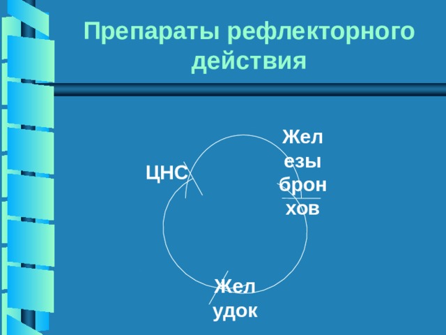 Препараты рефлекторного действия Железы бронхов ЦНС Желудок 