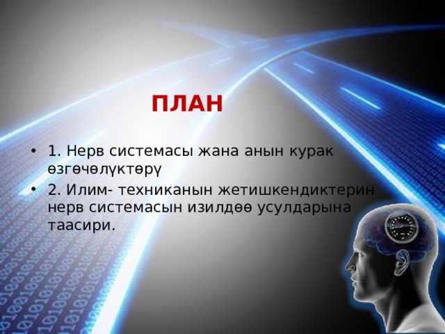 ПЛАН 1. Нерв системасы жана анын курак өзгөчөлүктөрү 2. Илим- техниканын жетишкендиктерин нерв системасын изилдөө усулдарына таасири. 