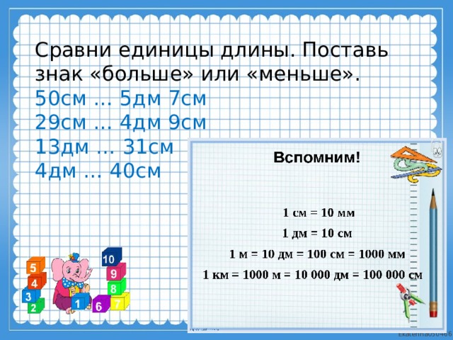 Сравни единицы длины. Поставь знак «больше» или «меньше». 50см … 5дм 7см 29см … 4дм 9см 13дм … 31см 4дм … 40см 