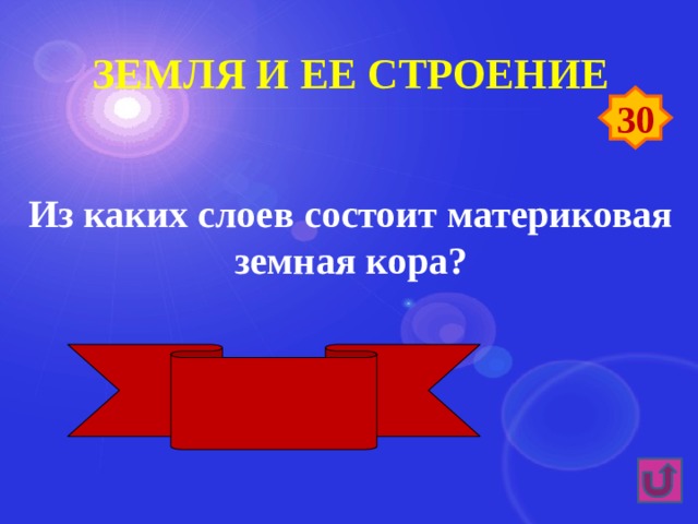 Земля и ее строение 30 Из каких слоев состоит материковая земная кора? Осадочный, гранитный, базальтовый 