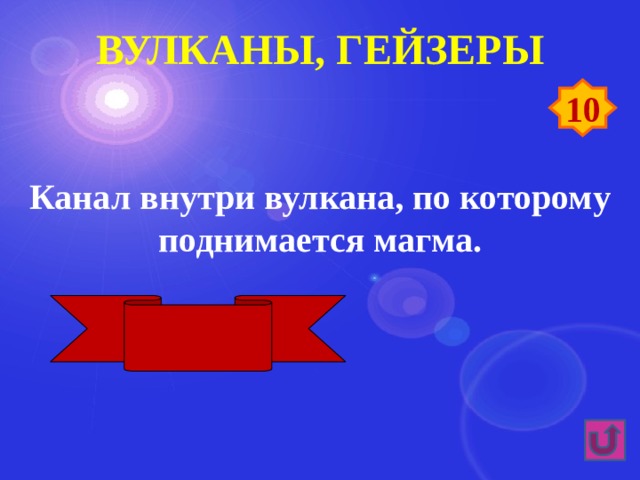 Вулканы, гейзеры 10 Канал внутри вулкана, по которому поднимается магма. Жерло 