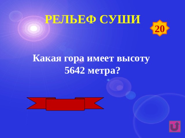 Рельеф суши 20 Какая гора имеет высоту 5642 метра? Эльбрус 