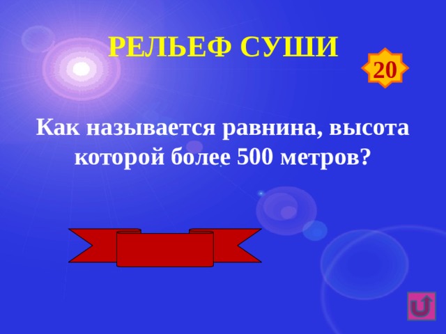 Рельеф суши 20 Как называется равнина, высота которой более 500 метров? Плоскогорье 