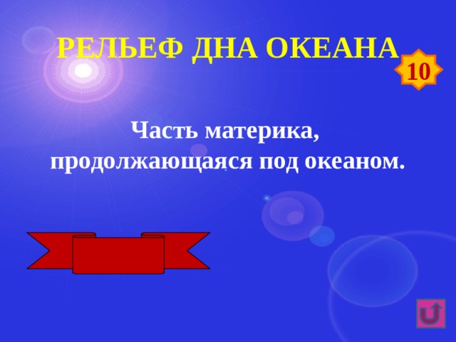 Рельеф дна океана 10 Часть материка, продолжающаяся под океаном. Шельф 