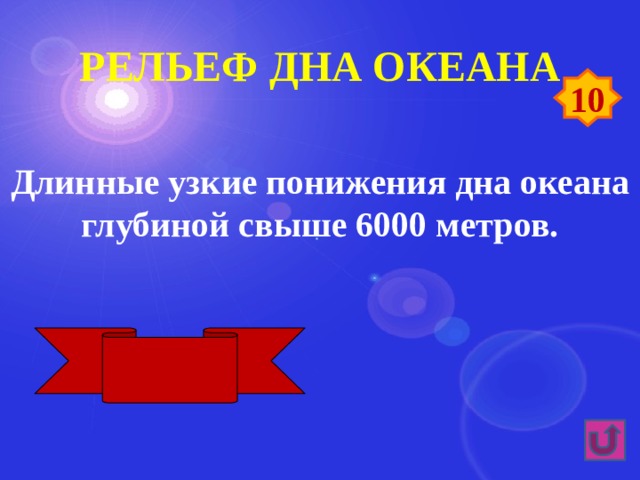 Рельеф дна океана 10 Длинные узкие понижения дна океана глубиной свыше 6000 метров. Желоба 