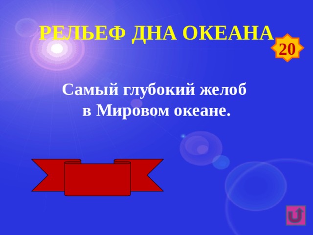 Рельеф дна океана 20 Самый глубокий желоб в Мировом океане.  Марианский 