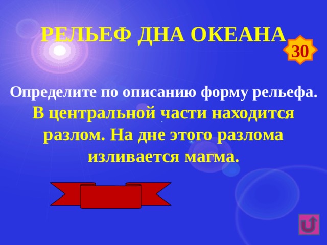 Рельеф дна океана 30 Определите по описанию форму рельефа. В центральной части находится разлом. На дне этого разлома изливается магма. СОХ 