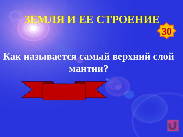 Земля и ее строение 30 Как называется самый верхний слой мантии? Астеносфера 
