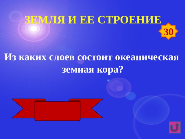 Земля и ее строение 30 Из каких слоев состоит океаническая земная кора? Осадочный, базальтовый 