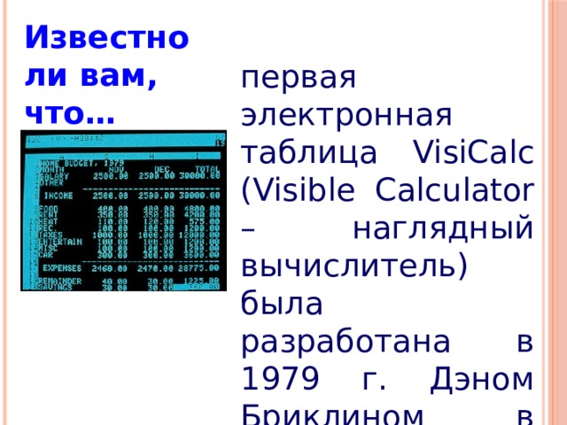 Известно ли вам, что… первая электронная таблица VisiCalc (Visible Calculator – наглядный вычислитель) была разработана в 1979 г. Дэном Бриклином в США. 