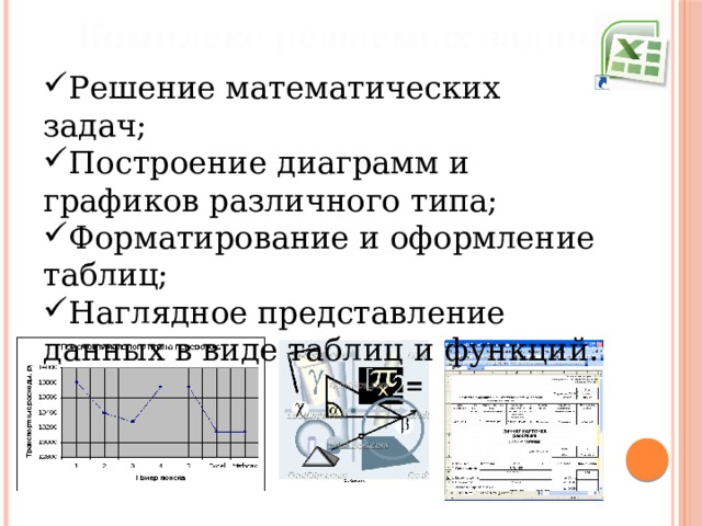 Комплекс решаемых задач Решение математических задач; Построение диаграмм и графиков различного типа; Форматирование и оформление таблиц; Наглядное представление данных в виде таблиц и функций. 