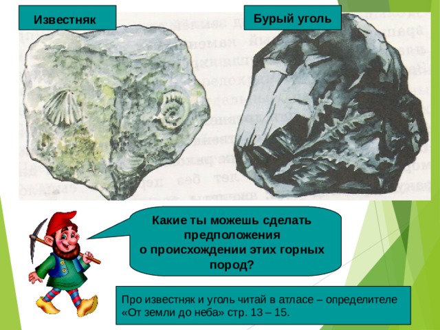 Бурый уголь Известняк Какие ты можешь сделать предположения о происхождении этих горных пород? Про известняк и уголь читай в атласе – определителе «От земли до неба» стр. 13 – 15. 
