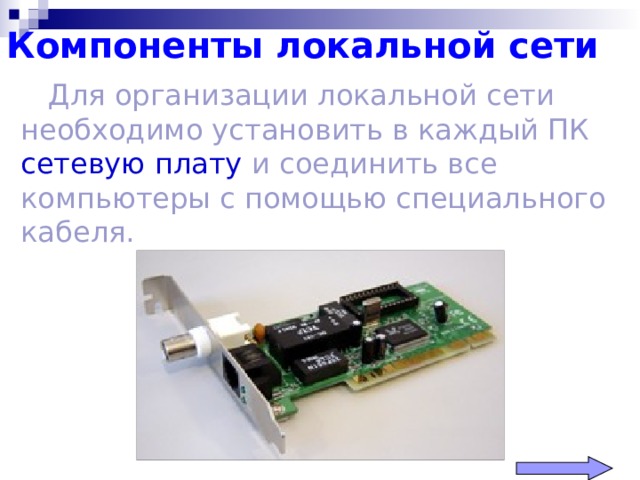 Компоненты локальной сети  Для организации локальной сети необходимо установить в каждый ПК  сетевую плату и соединить все  компьютеры с помощью специального кабеля.  