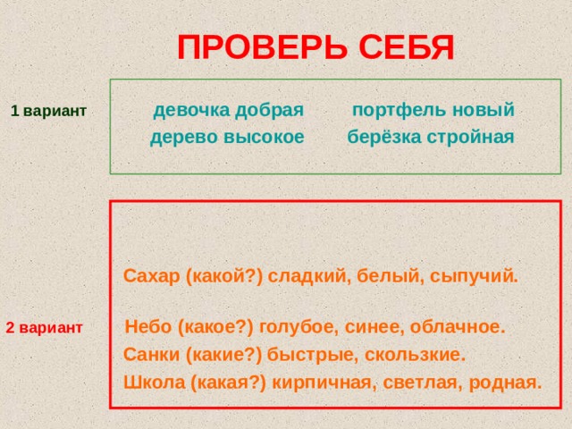 ПРОВЕРЬ СЕБЯ    1 вариант девочка добрая портфель новый  дерево высокое берёзка стройная      Сахар (какой?) сладкий, белый, сыпучий. 2 вариант  Небо (какое?) голубое, синее, облачное.  Санки (какие?) быстрые, скользкие.  Школа (какая?) кирпичная, светлая, родная. 
