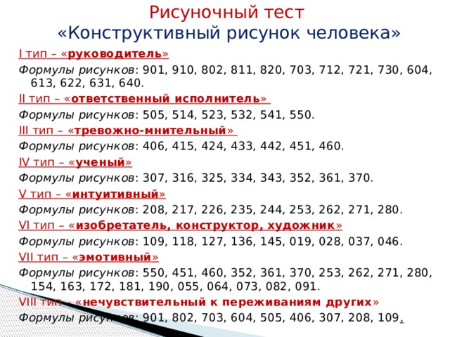 Рисуночный тест  «Конструктивный рисунок человека» I тип – « руководитель » Формулы рисунков : 901, 910, 802, 811, 820, 703, 712, 721, 730, 604, 613, 622, 631, 640. II тип – « ответственный исполнитель » Формулы рисунков : 505, 514, 523, 532, 541, 550. III тип – « тревожно-мнительный » Формулы рисунков : 406, 415, 424, 433, 442, 451, 460. IV тип – « ученый » Формулы рисунков : 307, 316, 325, 334, 343, 352, 361, 370. V тип – « интуитивный » Формулы рисунков : 208, 217, 226, 235, 244, 253, 262, 271, 280. VI тип – « изобретатель, конструктор, художник » Формулы рисунков : 109, 118, 127, 136, 145, 019, 028, 037, 046. VII тип – « эмотивный » Формулы рисунков : 550, 451, 460, 352, 361, 370, 253, 262, 271, 280, 154, 163, 172, 181, 190, 055, 064, 073, 082, 091. VIII тип – « нечувствительный к переживаниям других » Формулы рисунков : 901, 802, 703, 604, 505, 406, 307, 208, 109 .  