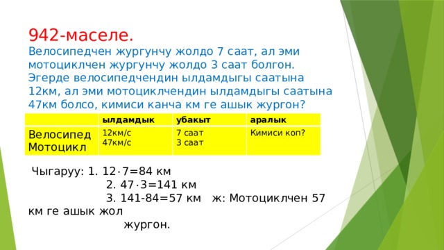 942-маселе.  Велосипедчен жургунчу жолдо 7 саат, ал эми мотоциклчен жургунчу жолдо 3 саат болгон. Эгерде велосипедчендин ылдамдыгы саатына 12км, ал эми мотоциклчендин ылдамдыгы саатына 47км болсо, кимиси канча км ге ашык жургон?       Чыгаруу: 1. 12 ۰ 7=84 км  2. 47 ۰ 3=141 км  3. 141-84=57 км ж: Мотоциклчен 57 км ге ашык жол  жургон. ылдамдык Велосипед убакыт Мотоцикл 12км/с аралык 7 саат 47км/с Кимиси коп? 3 саат 