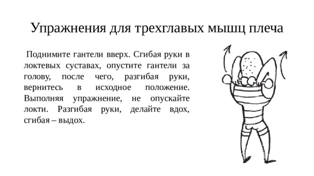 Упражнения для трехглавых мышц плеча   Поднимите гантели вверх. Сгибая руки в локтевых суставах, опустите гантели за голову, после чего, разгибая руки, вернитесь в исходное положение. Выполняя упражнение, не опускайте локти. Разгибая руки, делайте вдох, сгибая – выдох. 