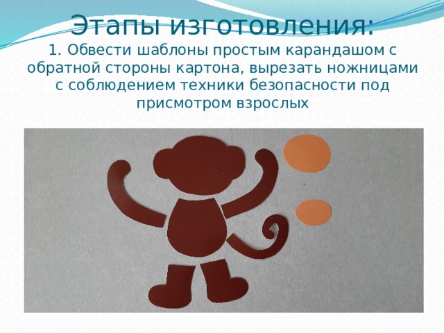 Этапы изготовления:  1. Обвести шаблоны простым карандашом с обратной стороны картона, вырезать ножницами с соблюдением техники безопасности под присмотром взрослых 