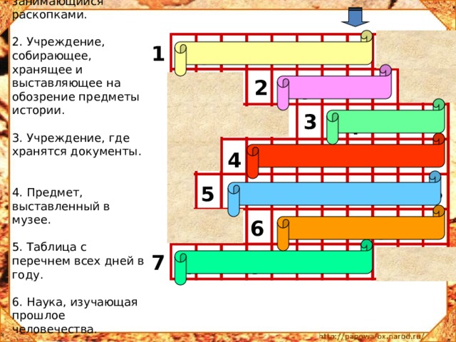 1. Человек, занимающийся раскопками.  2. Учреждение, собирающее, хранящее и выставляющее на обозрение предметы истории.  3. Учреждение, где хранятся документы.   4. Предмет, выставленный в музее. 5. Таблица с перечнем всех дней в году.  6. Наука, изучающая прошлое человечества. 7. Деловая бумага.   а р х е о м л э о д у к к а о г з л а с е к и й у р п е м о х н с и н д е т а в н а о т р т р и ь я 1 2 3 4 5 6 Учитель: Прочитайте выделенное слово. Кто это?  Ученики (Геродот — первый ученый-историк). 7  
