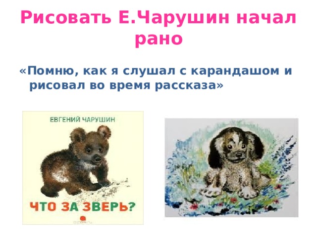  Рисовать Е.Чарушин начал рано   «Помню, как я слушал с карандашом и рисовал во время рассказа»  