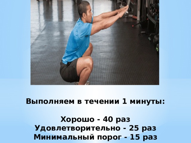 Выполняем в течении 1 минуты:   Хорошо - 40 раз  Удовлетворительно - 25 раз  Минимальный порог - 15 раз 