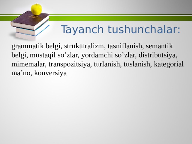 Tayanch tushunchalar: grammatik belgi, strukturalizm, tasniflanish, semantik belgi, mustaqil so’zlar, yordamchi so’zlar, distributsiya, mimemalar, transpozitsiya, turlanish, tuslanish, kategorial ma’no, konversiya 