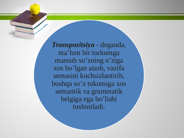 Transpozitsiya - deganda, ma’lum bir turkumga mansub so’zning o’ziga xos bo’lgan atash, vazifa semasini kuchsizlantirib, boshqa so’z tukumiga xos semantik va grammatik belgiga ega bo’lishi tushiniladi. 