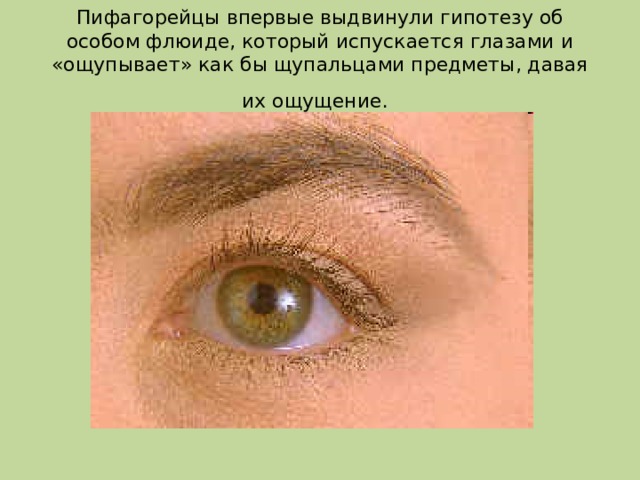 Пифагорейцы впервые выдвинули гипотезу об особом флюиде, который испускается глазами и «ощупывает» как бы щупальцами предметы, давая их ощущение.  