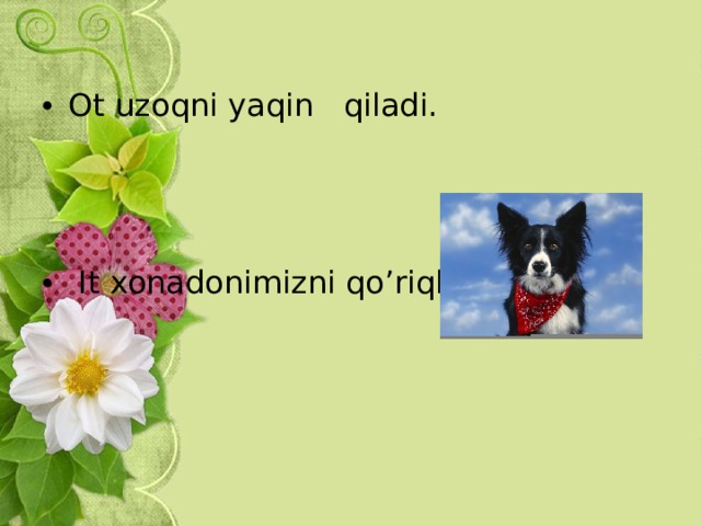 Ot uzoqni yaqin qiladi.     It xonadonimizni qo’riqlaydi. 