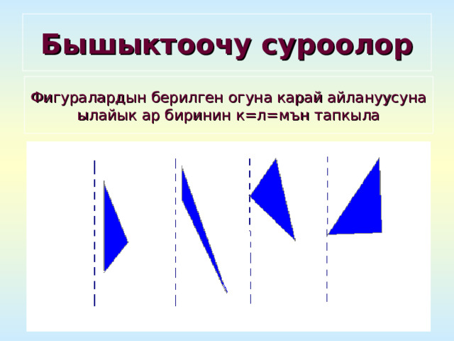 Бышыктоочу суроолор Фигуралардын берилген огуна карай айлануусуна ылайык ар биринин к=л=мън тапкыла 