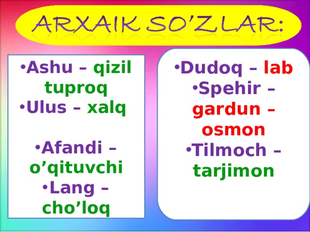 Dudoq – lab Spehir – gardun – osmon Tilmoch – tarjimon   Ashu – qizil tuproq Ulus – xalq  Afandi – o’qituvchi Lang – cho’loq  
