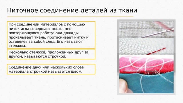 Ниточное соединение деталей из ткани При соединении материалов с помощью ниток игла совершает постоянно повторяющуюся работу: она дважды прокалывает ткань, протаскивает нитку и оставляет за собой след. Его называют стежком. Несколько стежков, проложенных друг за другом, называются строчкой. Соединение двух или нескольких слоёв материала строчкой называется швом. 