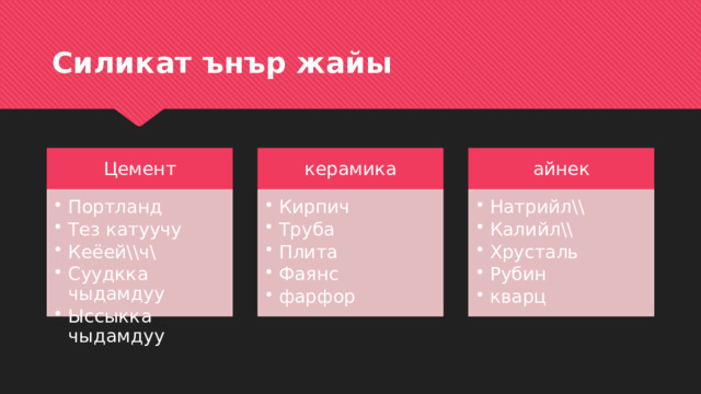 Силикат ънър жайы Цемент керамика айнек Портланд Тез катуучу Кеёей\\ч\ Суудкка чыдамдуу Ыссыкка чыдамдуу Портланд Тез катуучу Кеёей\\ч\ Суудкка чыдамдуу Ыссыкка чыдамдуу Кирпич Труба Плита Фаянс фарфор Кирпич Труба Плита Фаянс фарфор Натрийл\\ Калийл\\ Хрусталь Рубин кварц Натрийл\\ Калийл\\ Хрусталь Рубин кварц 