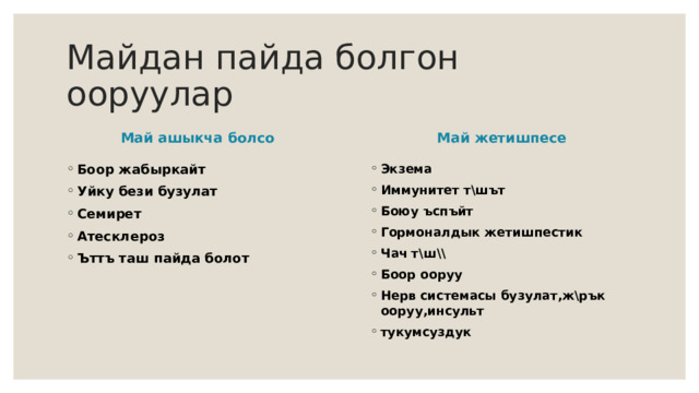 Майдан пайда болгон ооруулар Май ашыкча болсо Май жетишпесе Боор жабыркайт Уйку бези бузулат Семирет Атесклероз Ъттъ таш пайда болот Экзема Иммунитет т\шът Боюу ъспъйт Гормоналдык жетишпестик Чач т\ш\\ Боор ооруу Нерв системасы бузулат,ж\рък ооруу,инсульт тукумсуздук 