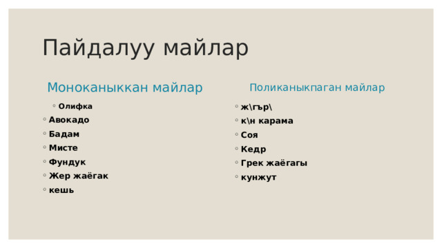 Пайдалуу майлар Моноканыккан майлар Поликаныкпаган майлар Олифка Олифка Авокадо Бадам Мисте Фундук Жер жаёгак кешь ж\гър\ к\н карама Соя Кедр Грек жаёгагы кунжут 