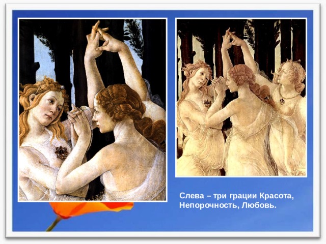 Слева – три грации Красота, Непорочность, Любовь. 