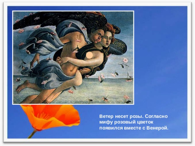 Ветер несет розы. Согласно мифу розовый цветок появился вместе с Венерой. 