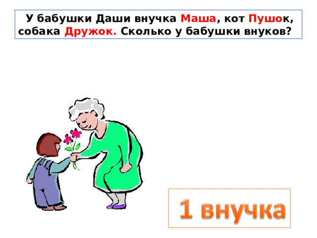  У бабушки Даши внучка Маша , кот Пушо к, собака Дружок. Сколько у бабушки внуков? 
