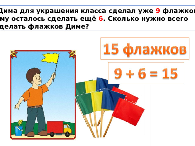  Дима для украшения класса сделал уже 9 флажков. Ему осталось сделать ещё 6 . Сколько нужно всего сделать флажков Диме? 